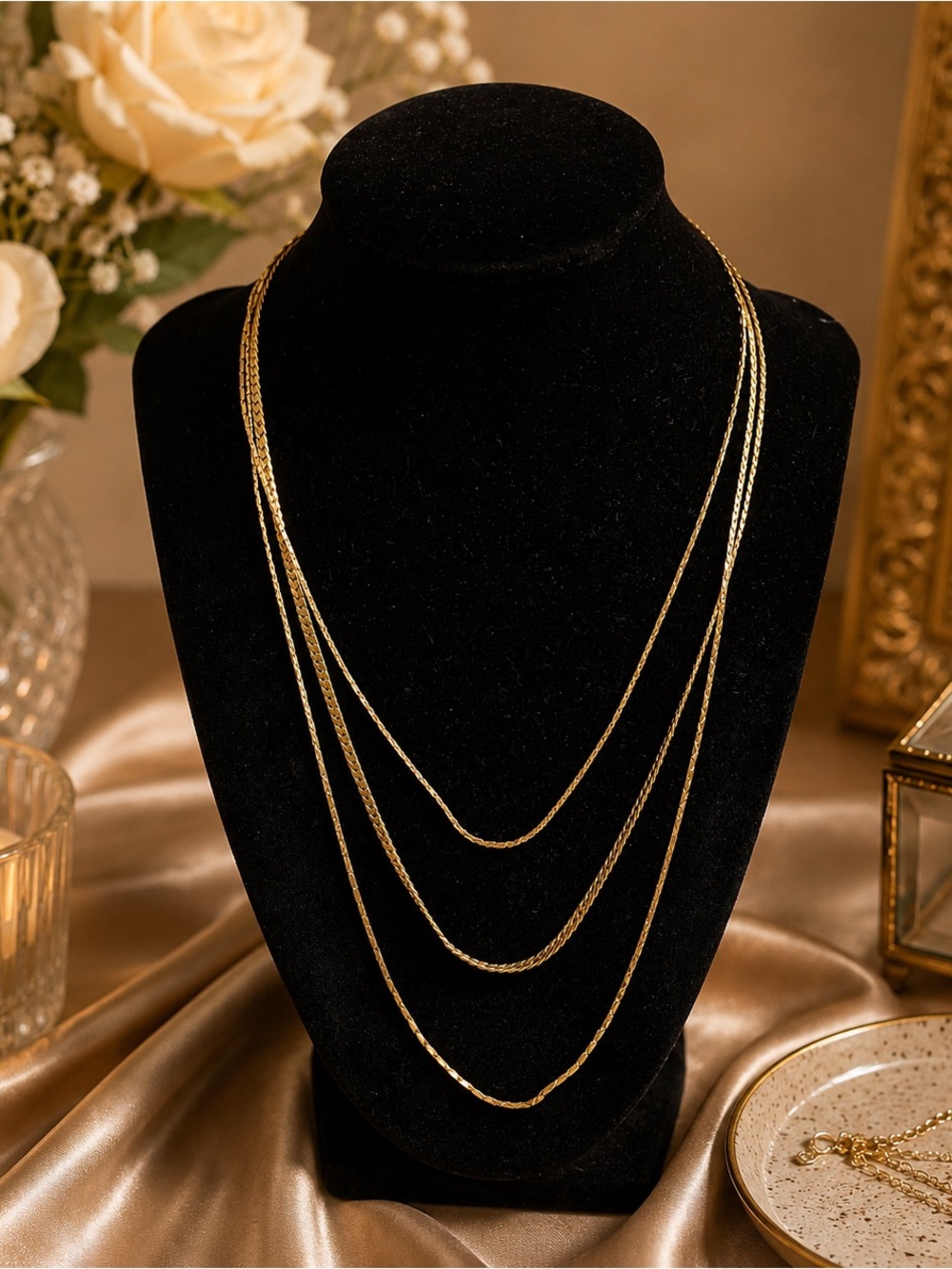 Vintage Monet Triple Strand Chain Necklace Gold Tone Layered Elegant